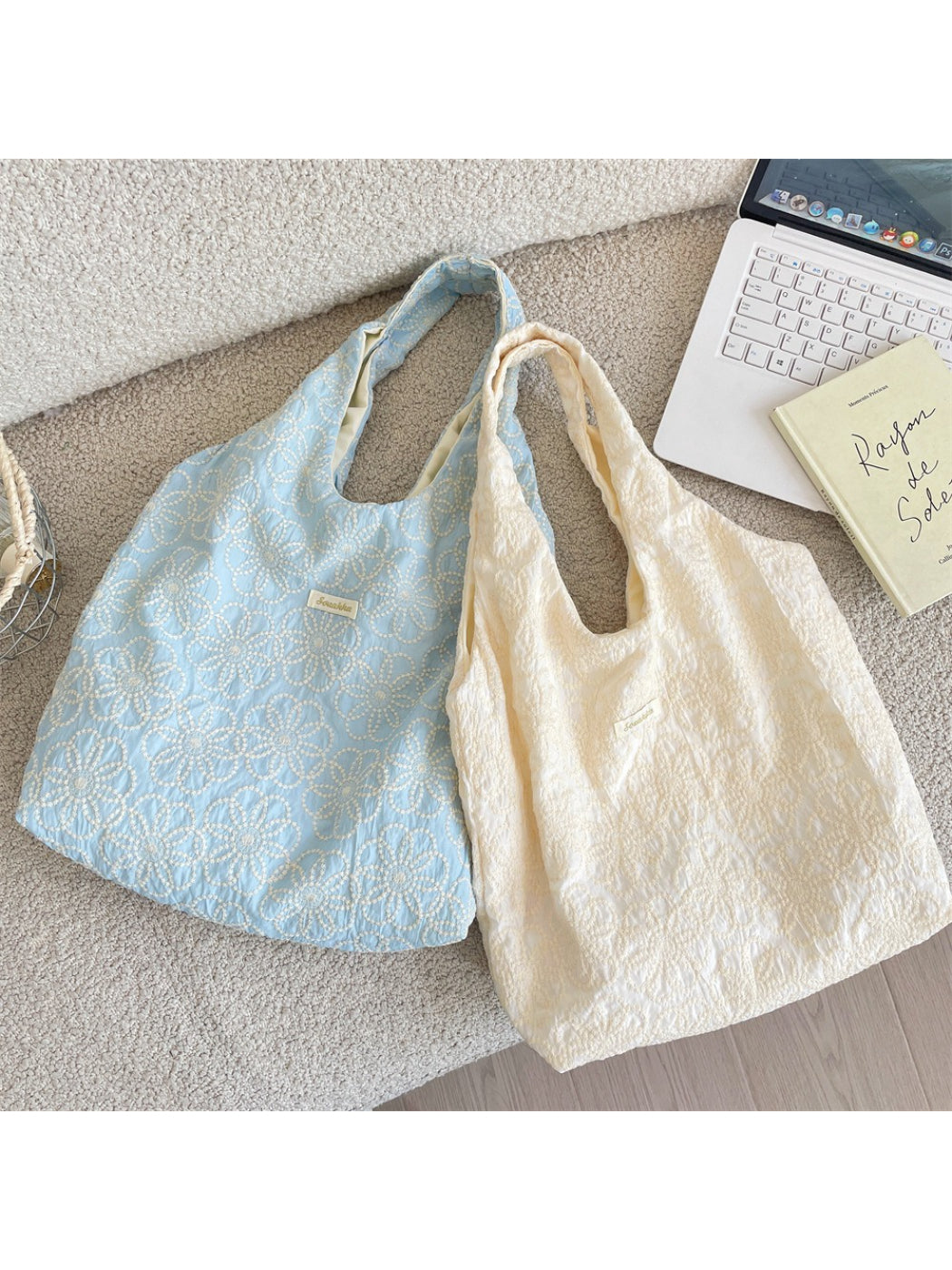 Cosbai soft textured shoulder tote bag in neutral color on white background