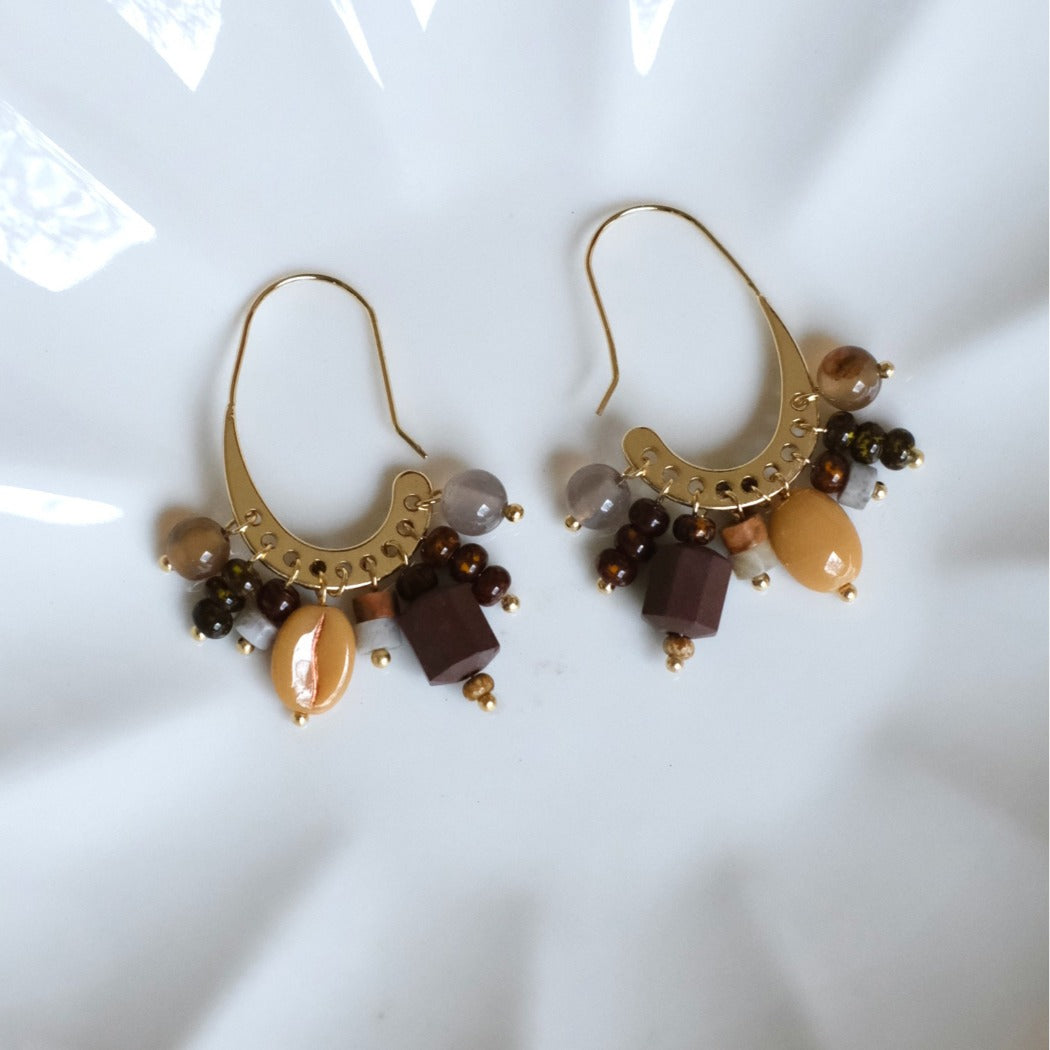 Earwish - Boho Brown Beaded C-Hoop Earrings - Vintage & Chic