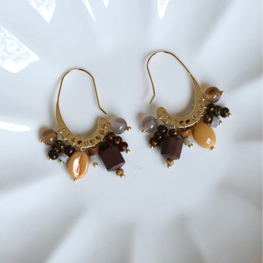 Earwish - Boho Brown Beaded C-Hoop Earrings - Vintage & Chic