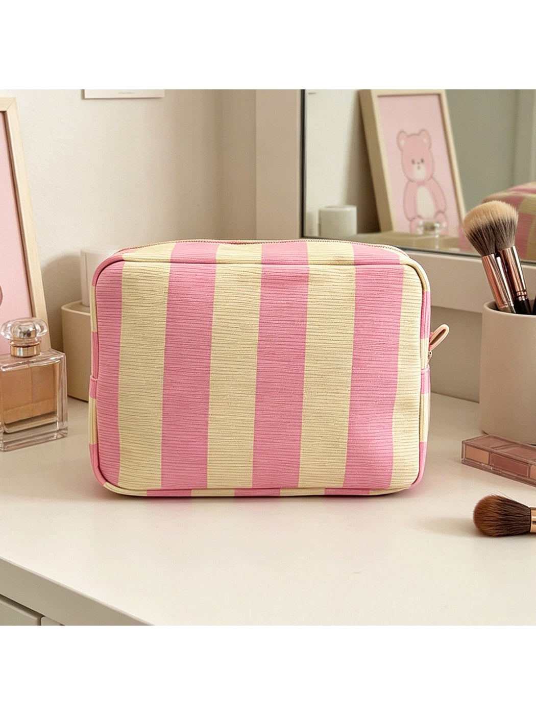 Cosbai - Striped Zipper Cosmetic Organizer Bag