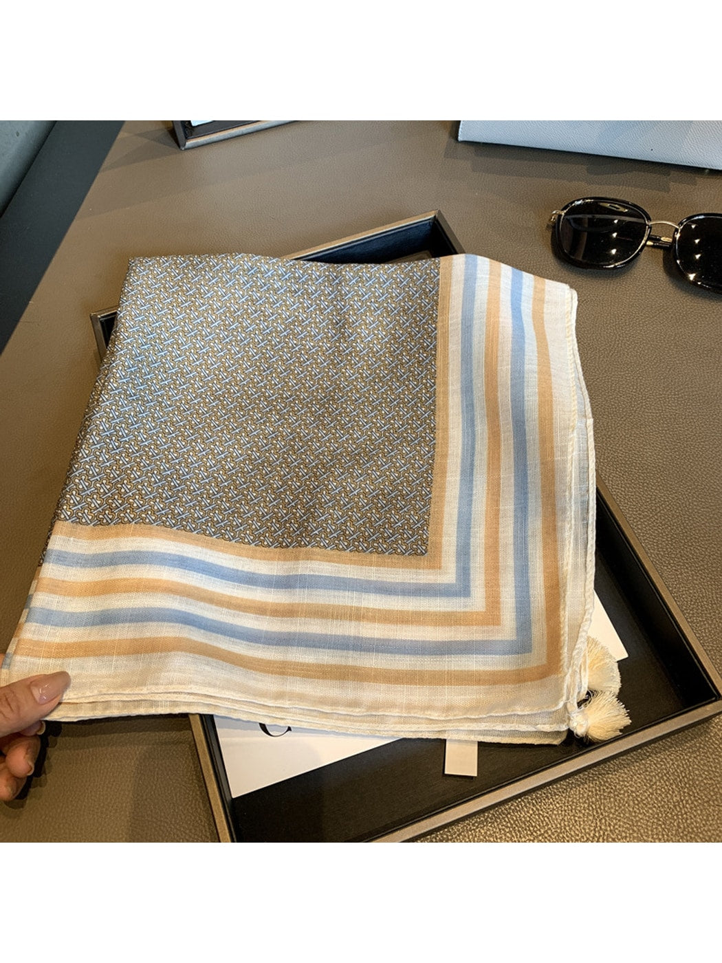 Scarvii - Multi-Tone Stripe Border Tassel Square Scarf