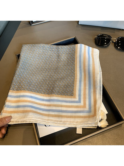 Scarvii - Multi-Tone Stripe Border Tassel Square Scarf
