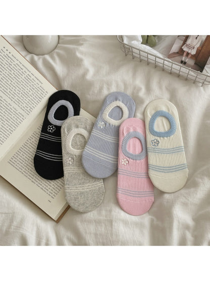 Rufia - Flower Embroidery Striped Low Ankle Socks