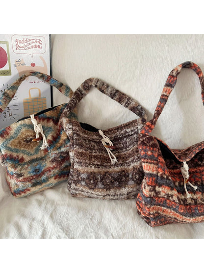 Cosbai - Soft Plaid Drawstring Shoulder Bag