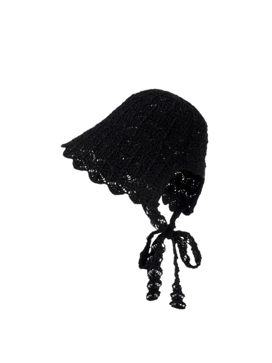Side view of Haila lace tie back bonnet hat showing delicate lace pattern