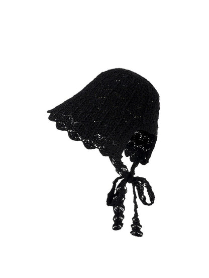 Side view of Haila lace tie back bonnet hat showing delicate lace pattern
