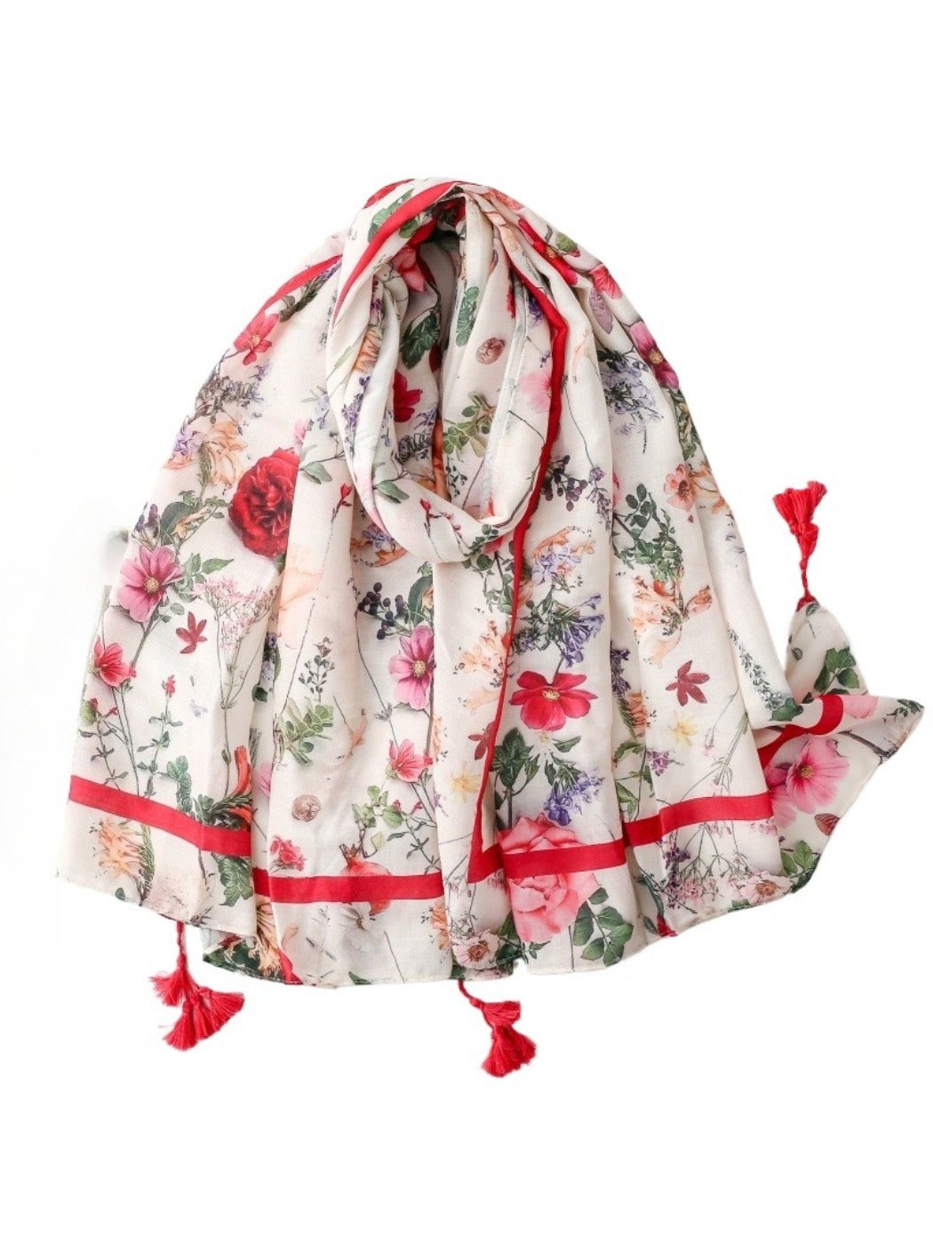 Scarvii Romantic Bloom Tassel Scarf folded showing floral pattern and tassel edges