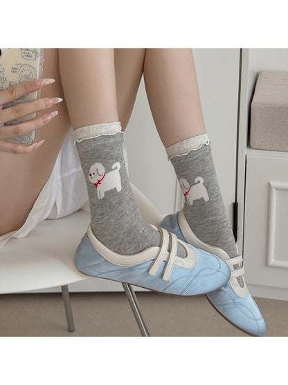 Rufia - Cartoon Dog Ruffle Cuff Casual Crew Socks