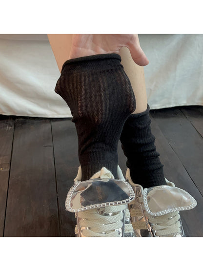 Rufia - Elegant Solid Color Rolled Edge Crew Socks