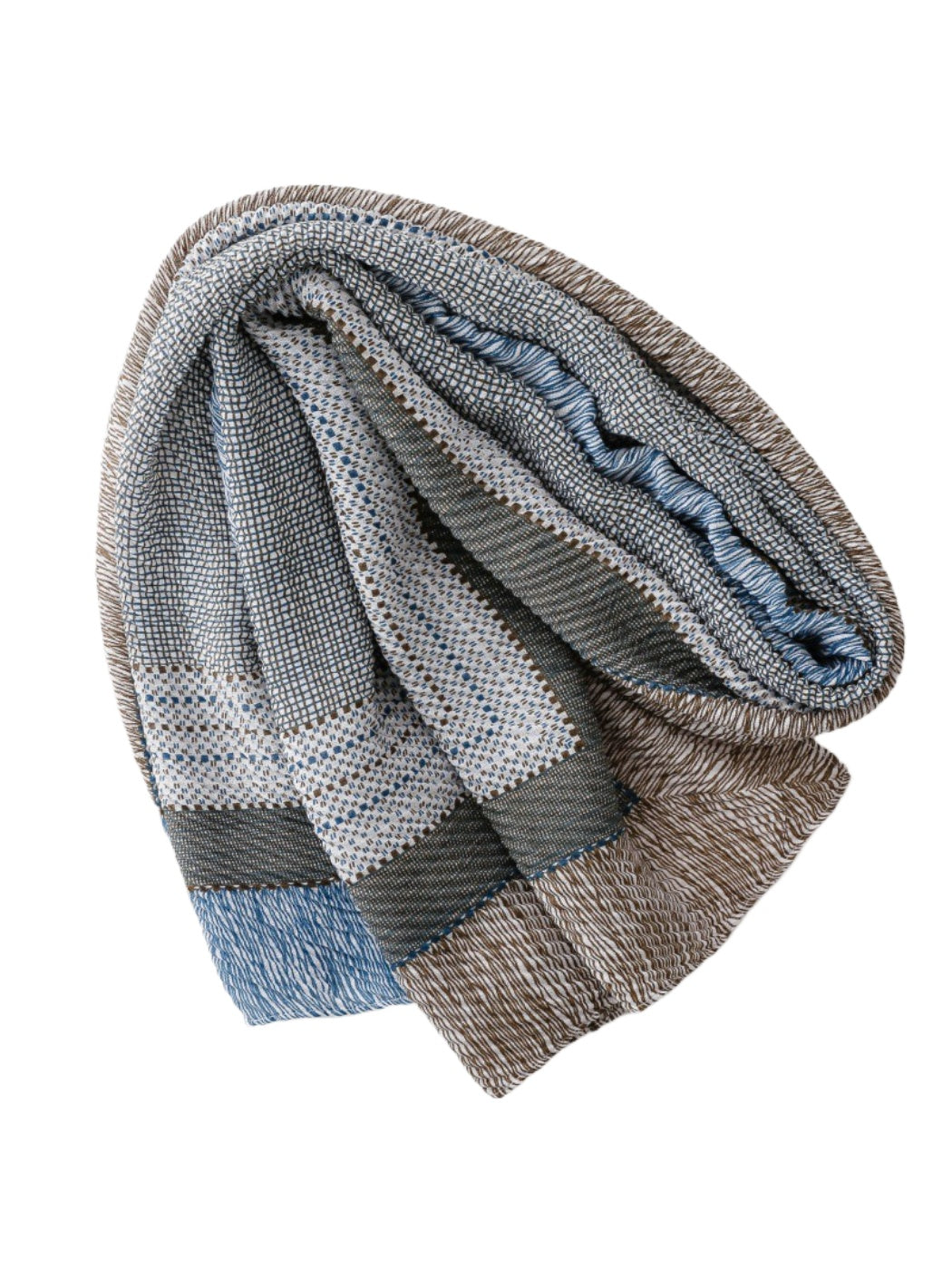 Model wearing Scarvii woven colourblock wrap scarf draped over shoulders