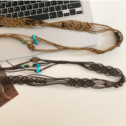 Beco Blue Beaded Braided Wide Tassel Tie Waist Belt showing tassel detail