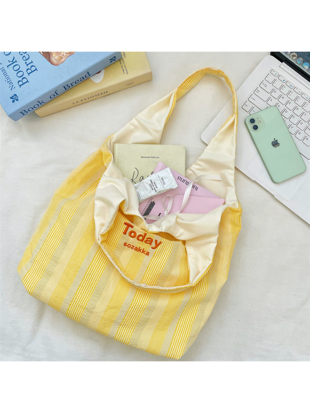 Cosbai Enjoy Today tote bag shown open with interior space visible and striped exterior