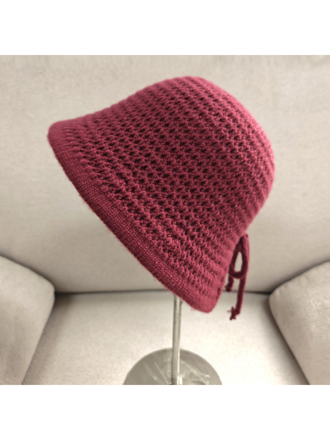 Haila - Openwork Knit Tie Strap Bonnet