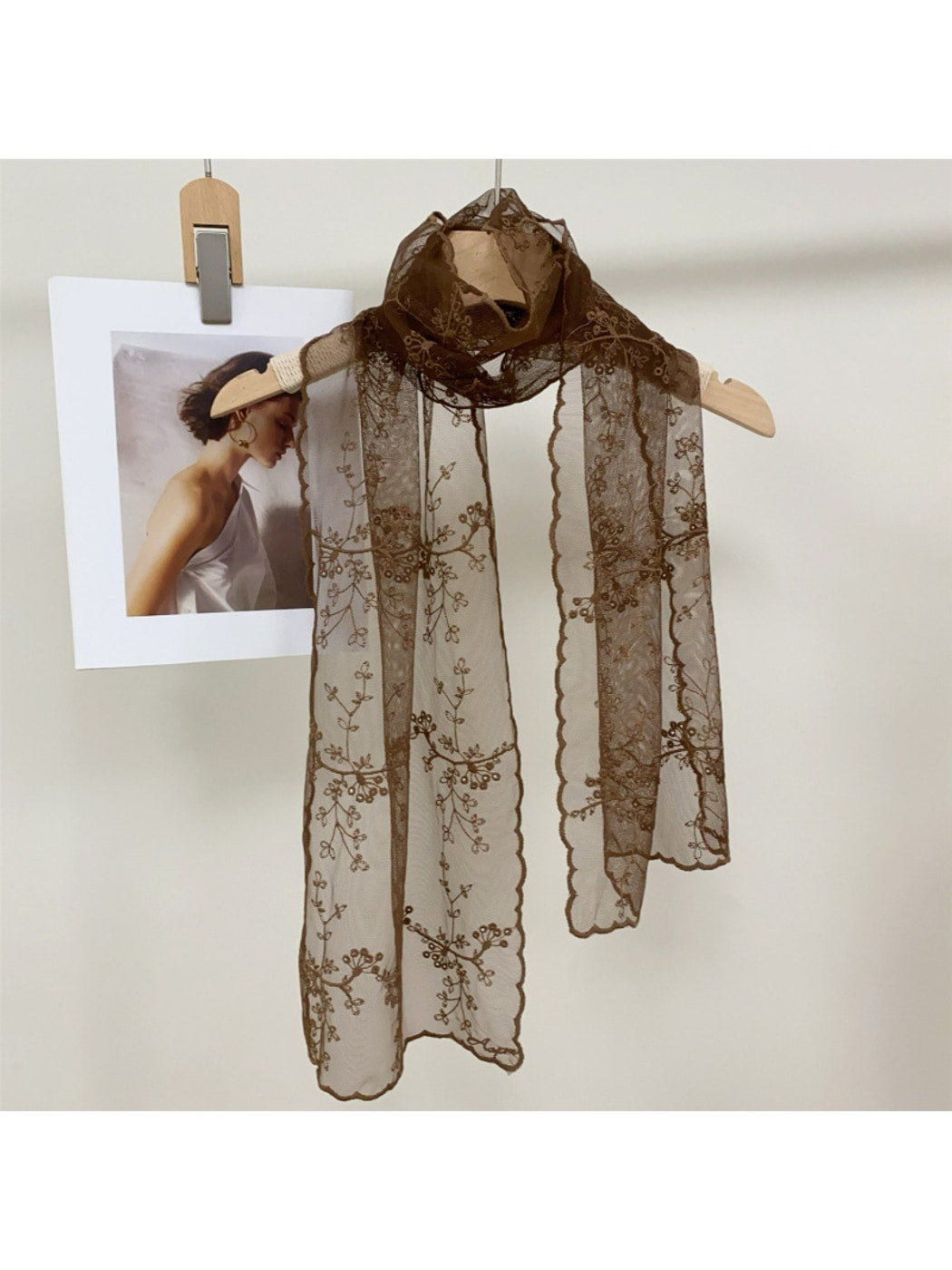Scarvii - Floral Embroidered Solid Lace Long Scarf