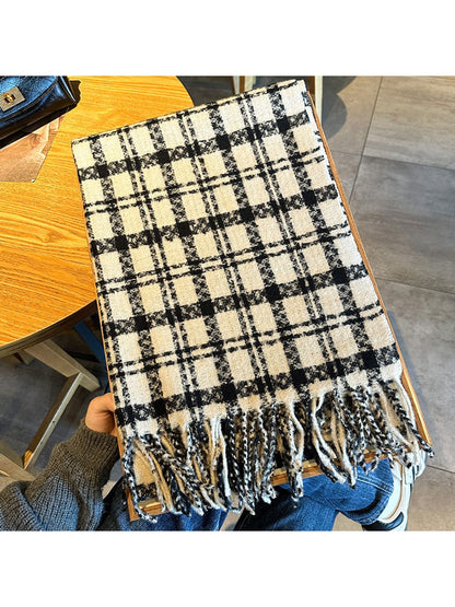 Scarvii - Textured Grid Plaid Fringed Winter Scarf