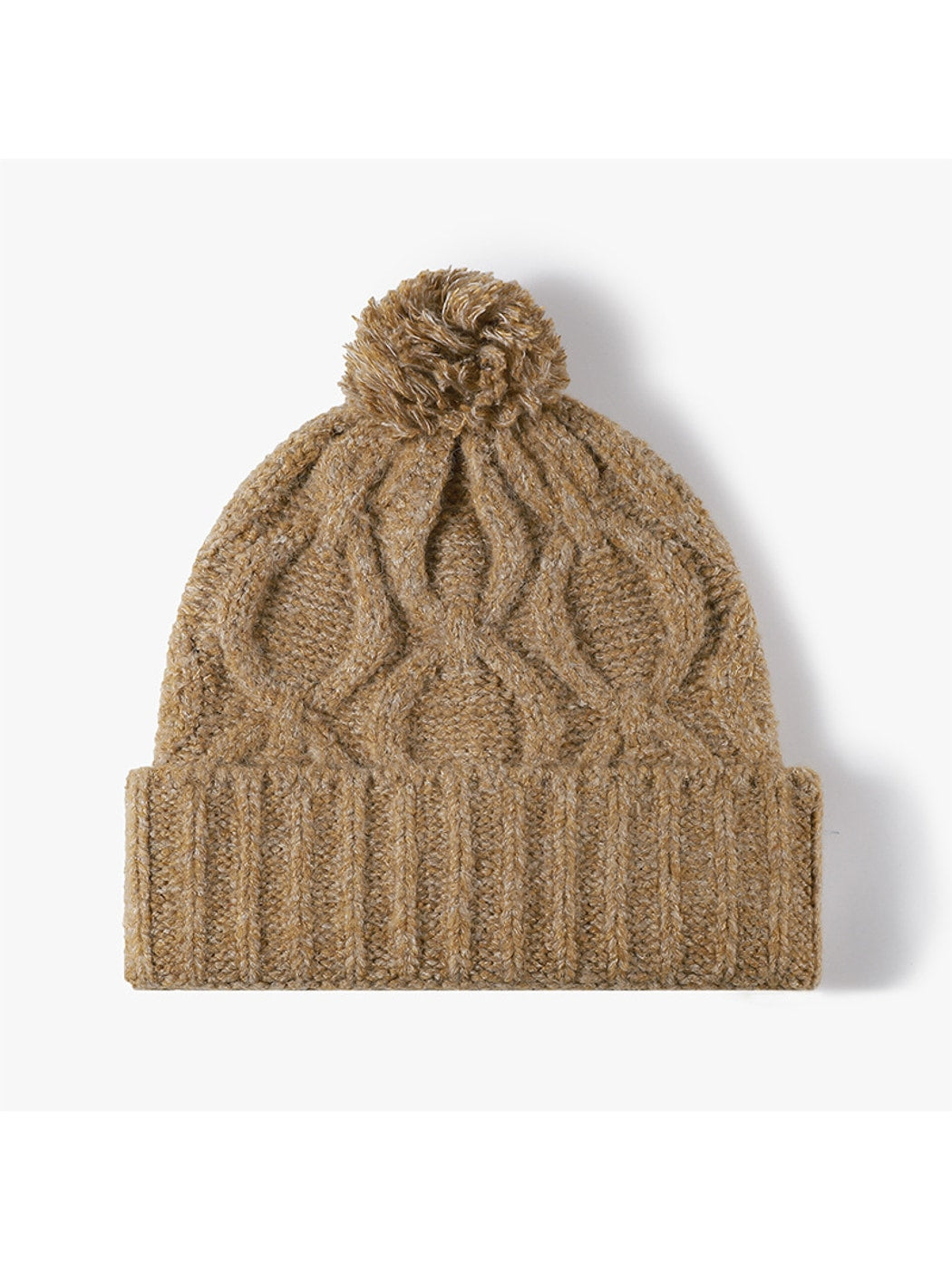 Haila - Pom Pom Cable Knit Folded Cuff Beanie