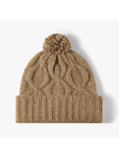 Haila - Pom Pom Cable Knit Folded Cuff Beanie