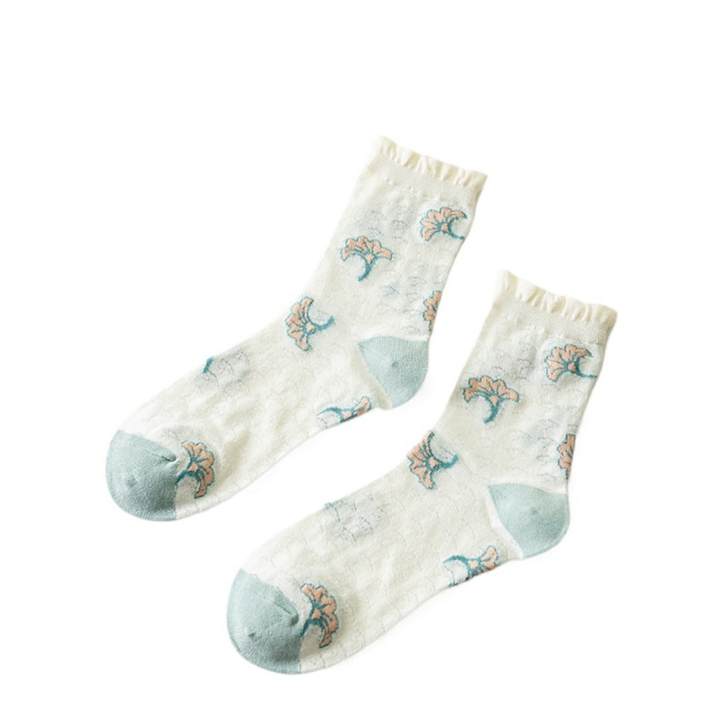 Rufia - Delicate Floral Mid-Calf Mesh Socks -Thin & Breathable