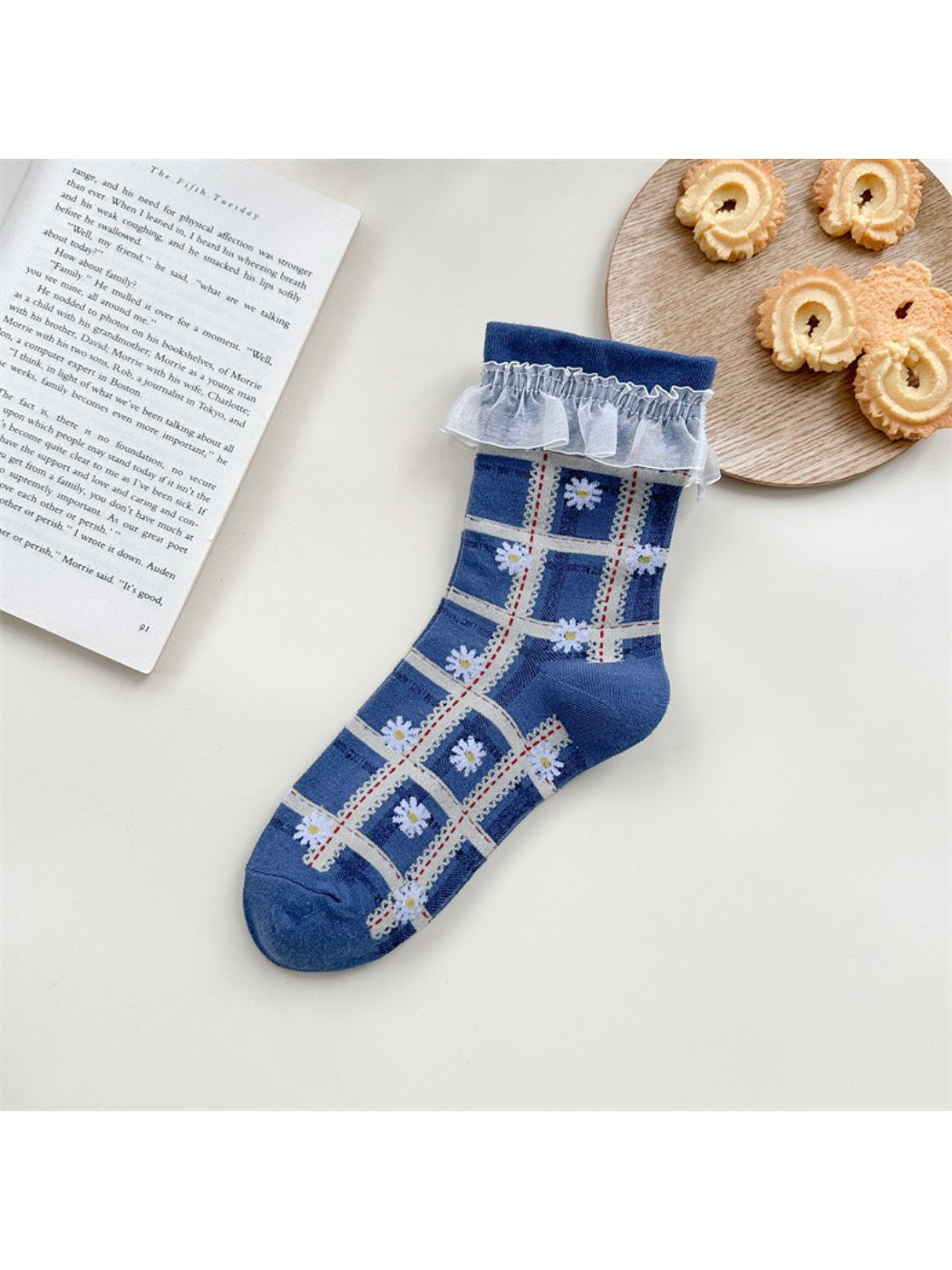 Rufia - Lace Trim Plaid Floral Crew Socks