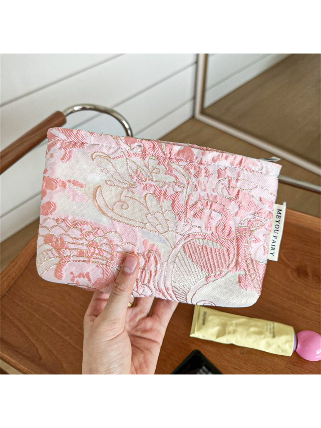 Cosbai pink floral cosmetic bag standing upright with visible floral print