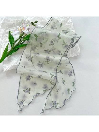 Scarvii - Romantic Floral Printed Ruffled Trim Scarf