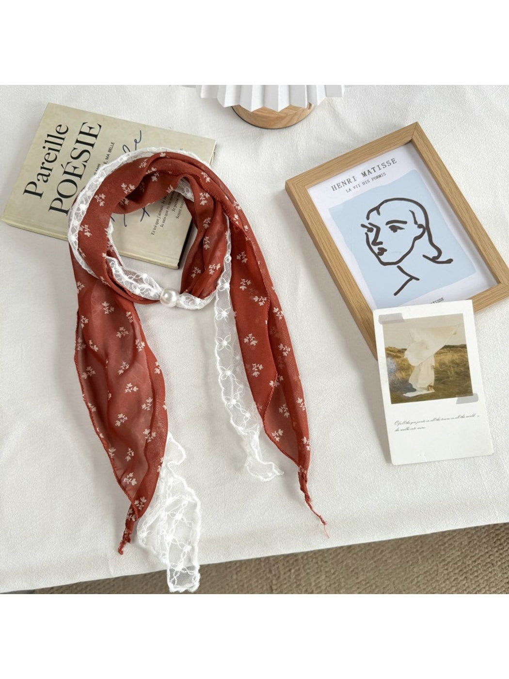 Scarvii - Lace Double Layer Floral Long Narrow Scarf