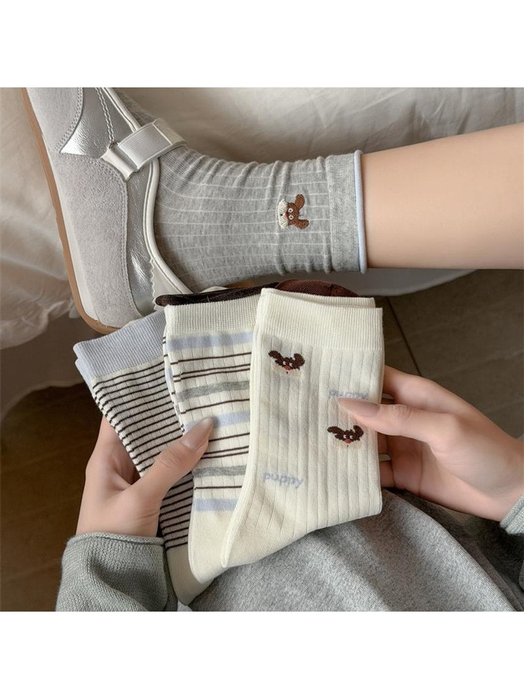 Rufia - Playful Dog Embroidery Ribbed Crew Socks