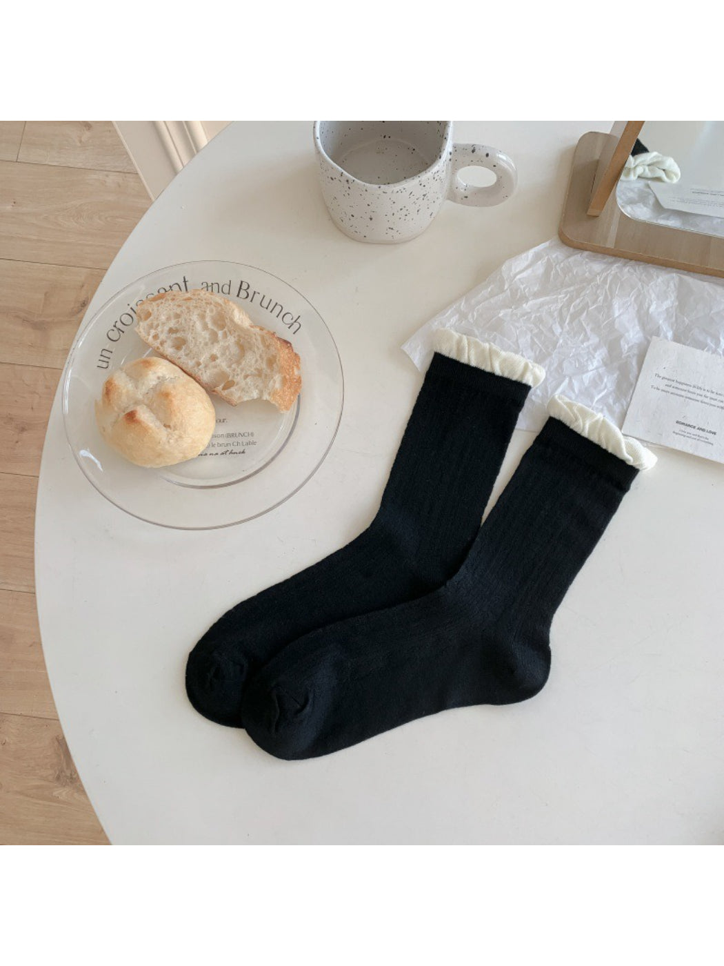 Rufia - Ruffled Cuff Hollow Out Mid Calf Socks
