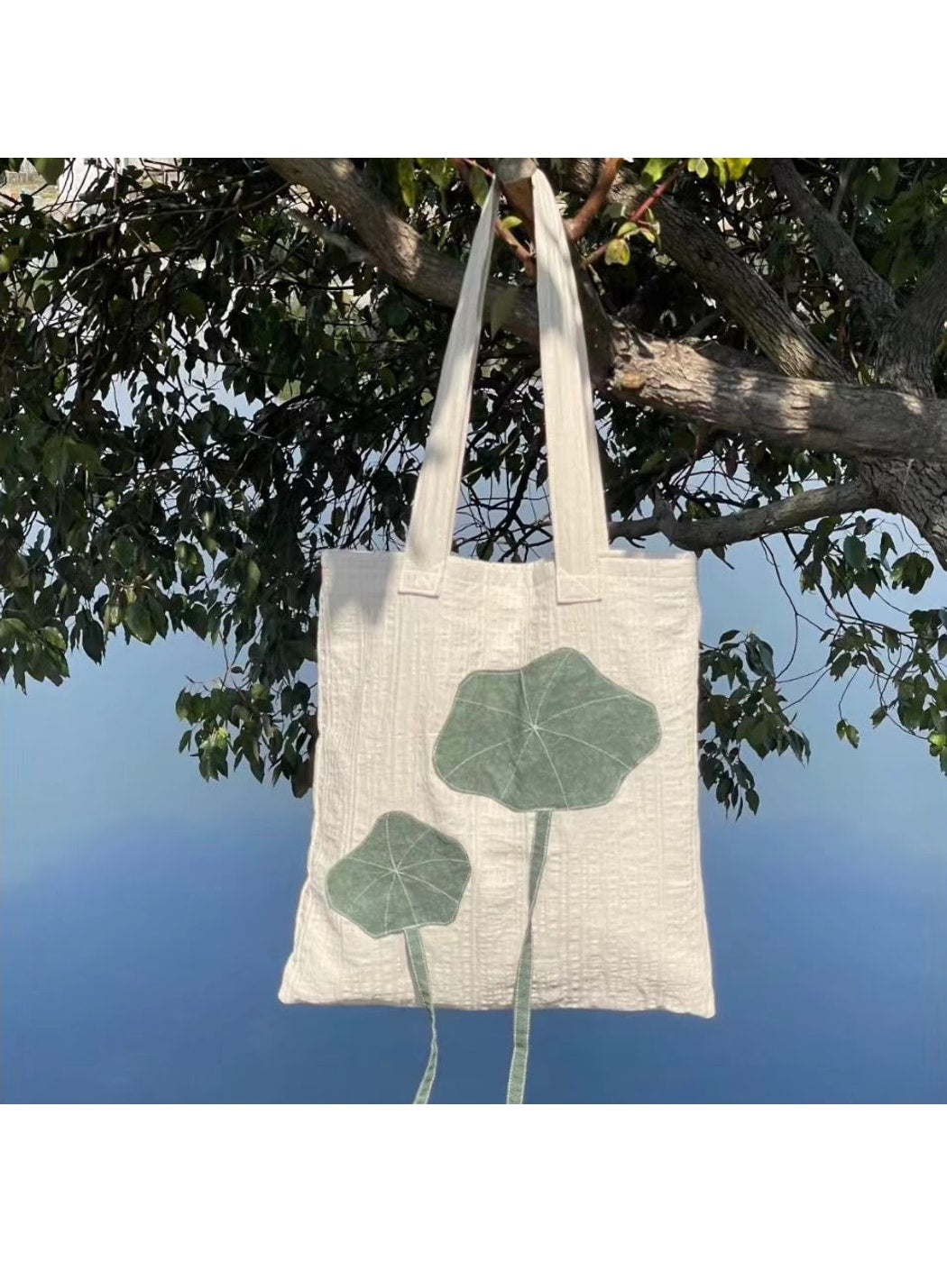 Cosbai - Lotus Leaf Applique Vertical Tote Bag