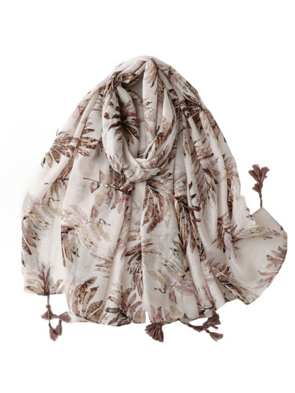 Scarvii - Botanical Leaf Print Tassel Square Scarf
