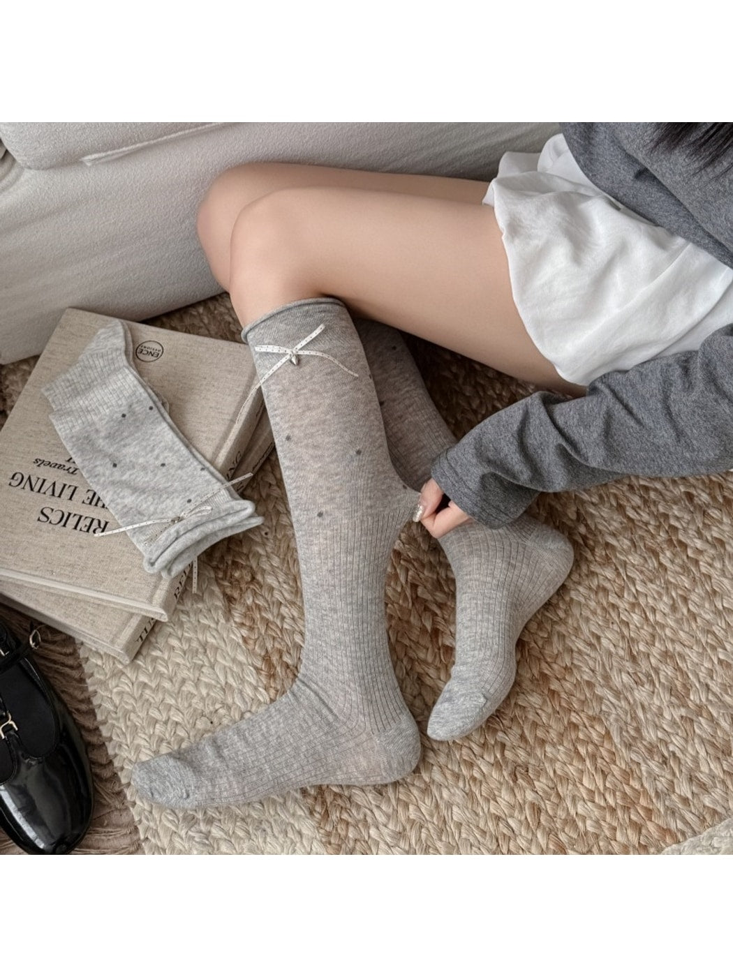 Rufia - Polka Dot Ribbon Bow Rolled Cuffs Knee High Socks