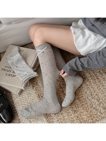 Rufia - Polka Dot Ribbon Bow Rolled Cuffs Knee High Socks