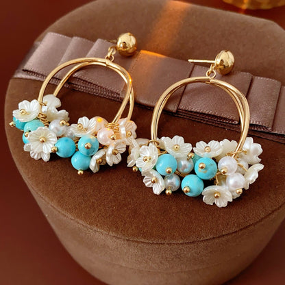 Earwish - Beige Floral Hoop Earrings - Romantic & Charming