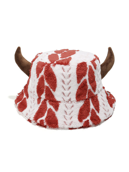 Haila Cow Print Fuzzy Bucket Hat with Horns
