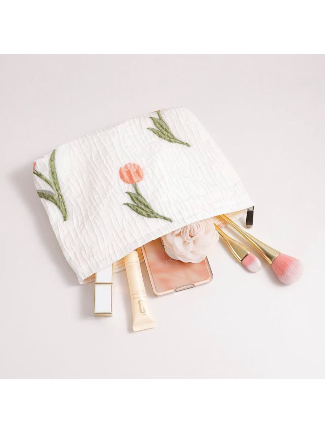 Cosbai - Tulip Embroidered Textured Cosmetic Bag