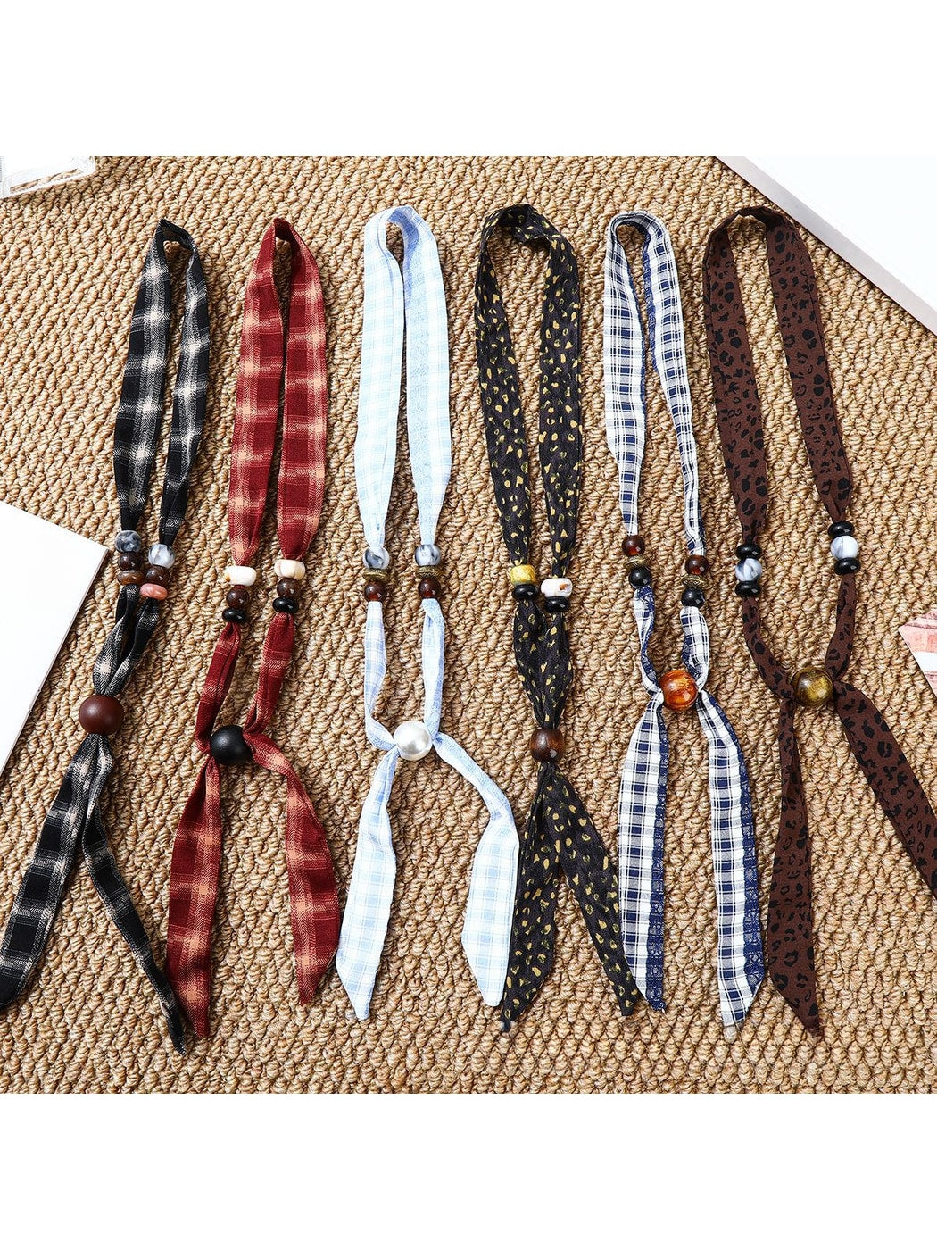 Scarvii - Retro Plaid Print Beaded Narrow Scarf