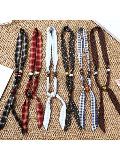 Scarvii - Retro Plaid Print Beaded Narrow Scarf