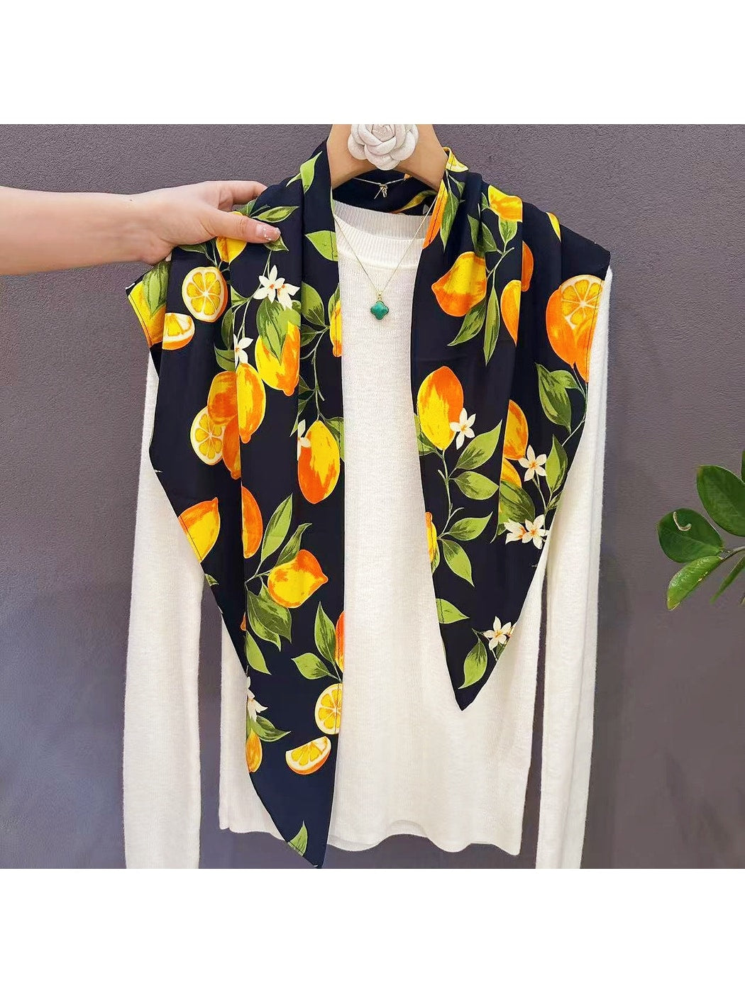 Scarvii - Lemon and Leaf Printed Triangle Scarf