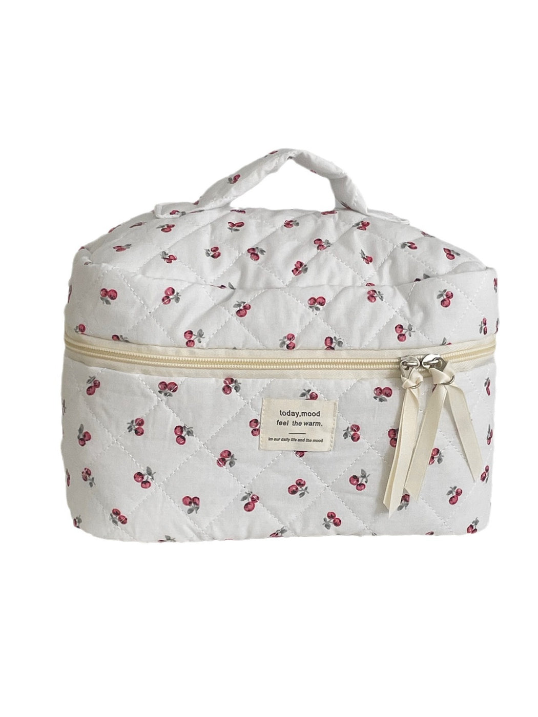 Cosbai travel makeup bag open showing spacious interior with cherry print lining