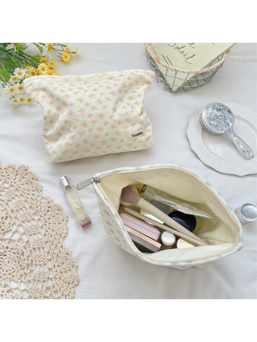 Close-up of Cosbai cosmetic pouch and floral ribbed texture