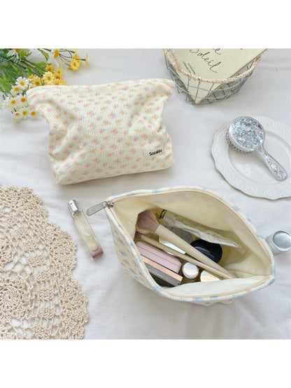 Close-up of Cosbai cosmetic pouch and floral ribbed texture