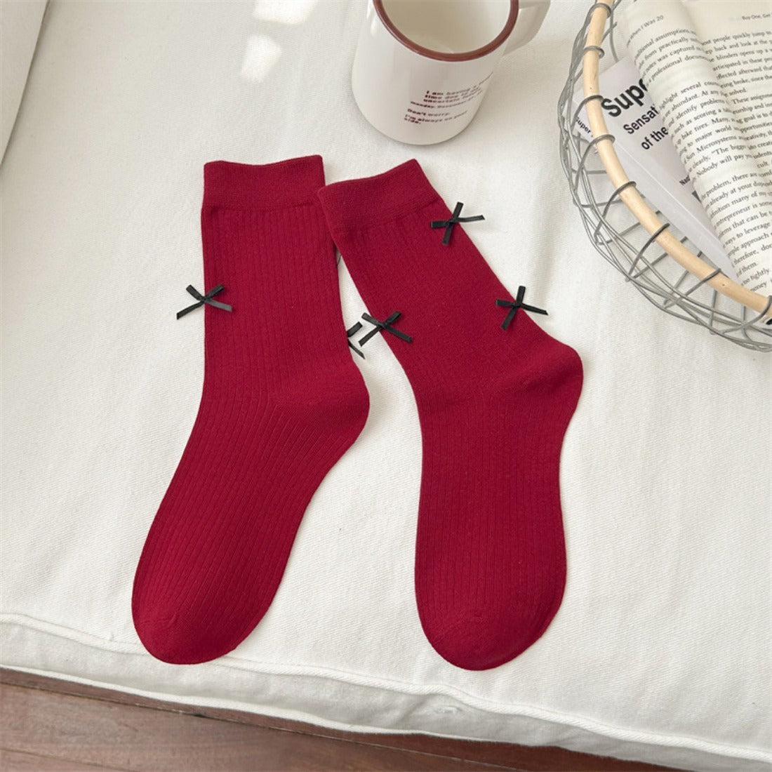 Rufia - Red Decorative Mid-Calf Socks