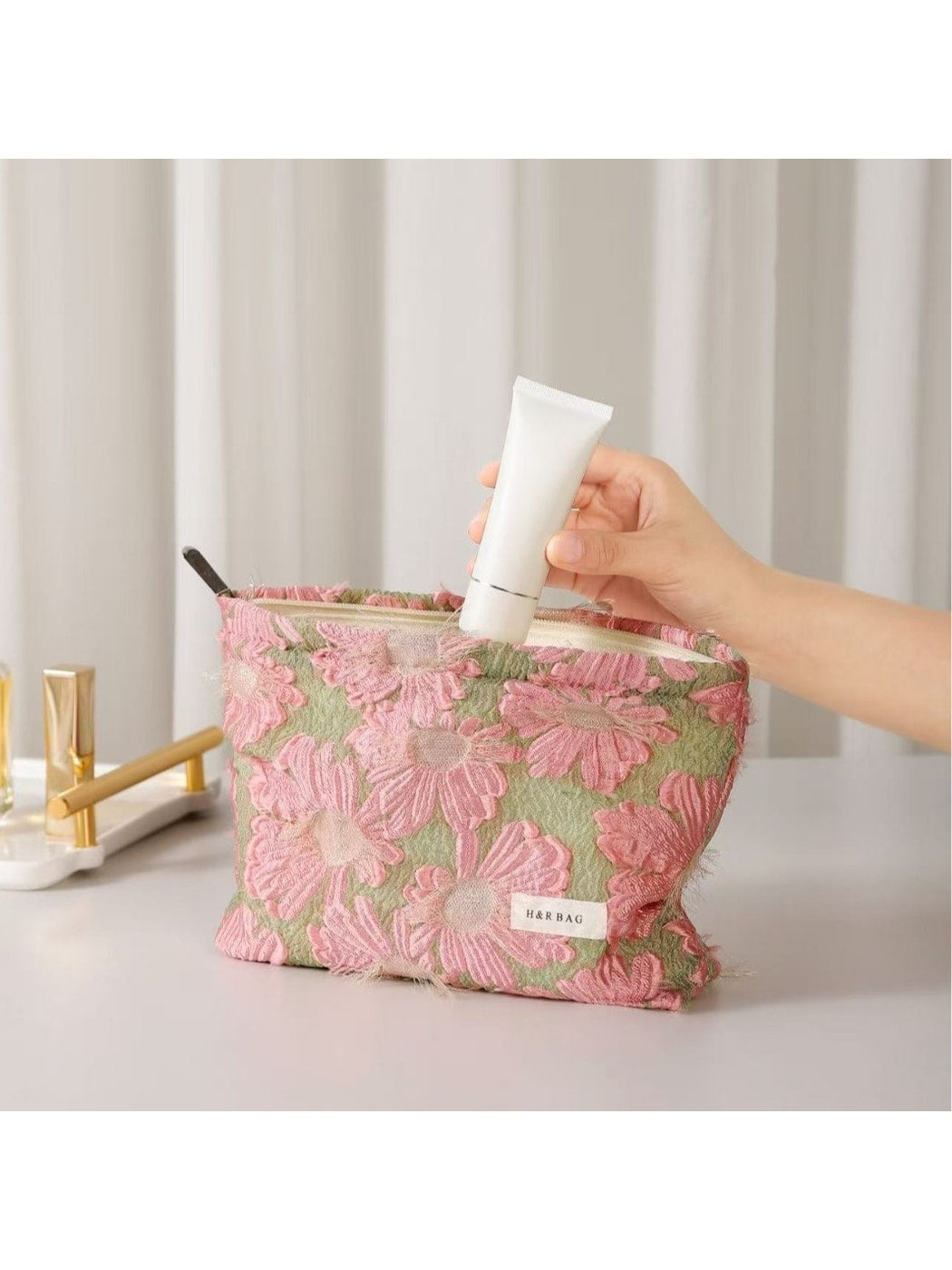 Cosbai - Floral Cosmetic Pouch with Textured Flower Bag