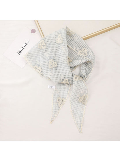 Scarvii - Grid Floral Lace Trim Triangle Bandana