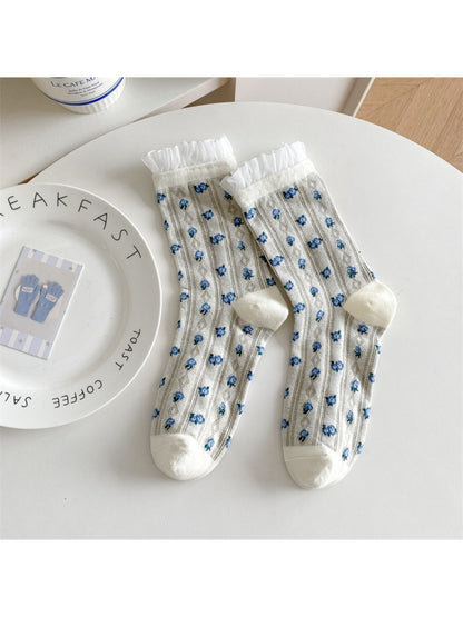 Rufia - Lace Ruffle Floral Knit Crew Socks