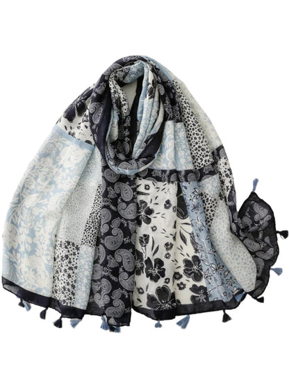 Scarvii - Blue Patchwork Paisley Tassel Wrap Scarf