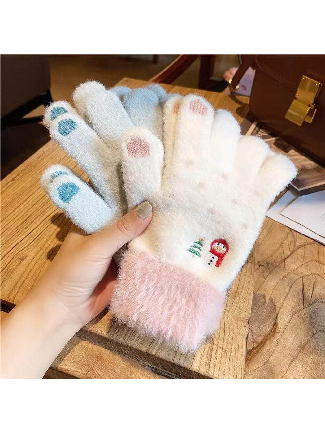 Gloving - Snowman Embroidered Plush Cuff Winter Gloves