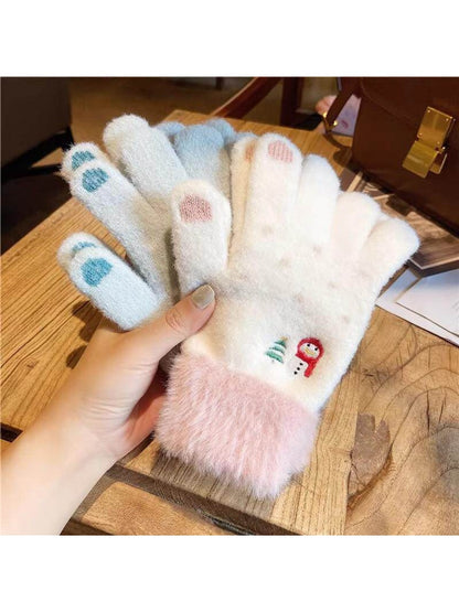 Gloving - Snowman Embroidered Plush Cuff Winter Gloves