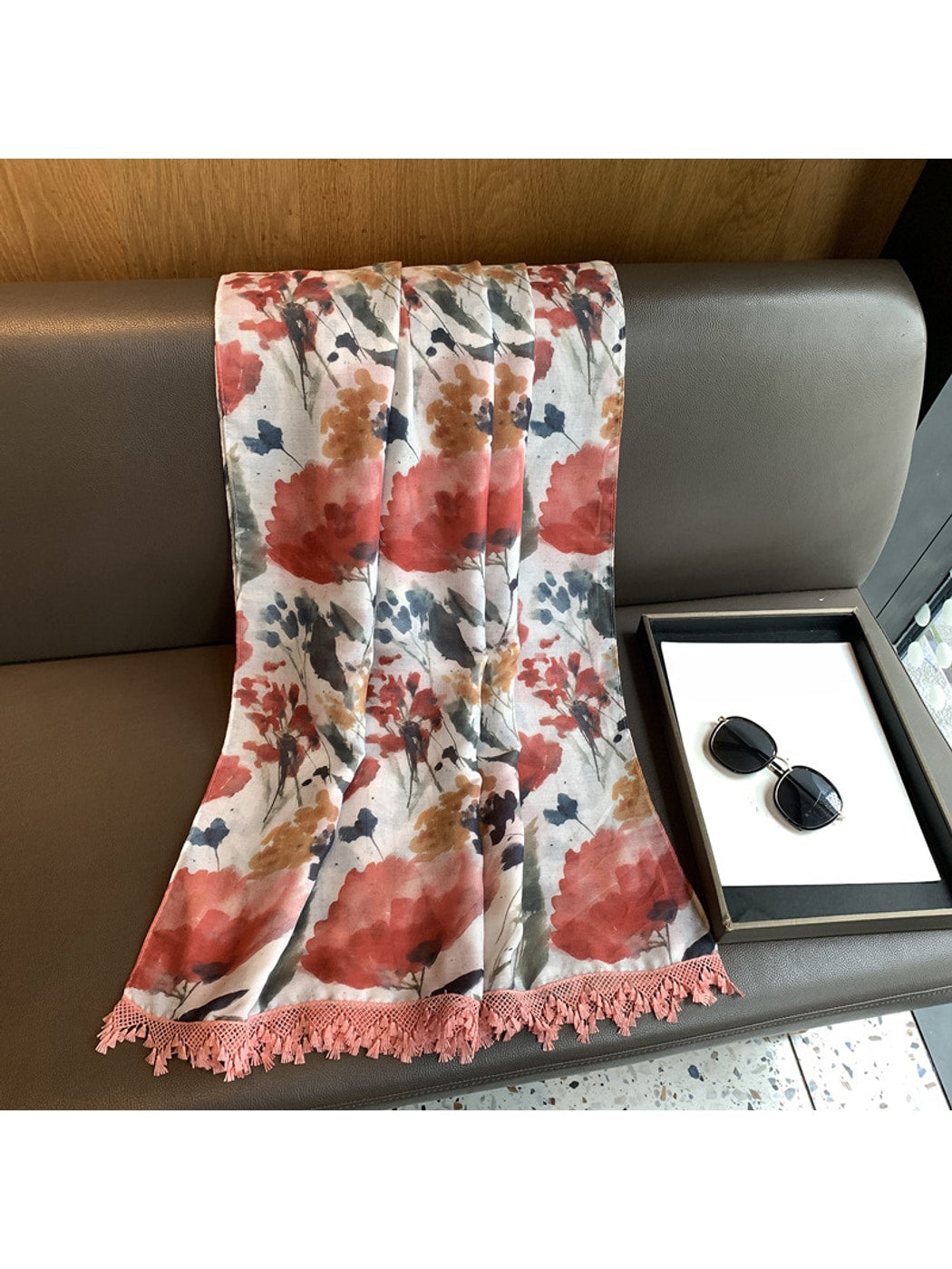 Scarvii - Floral Print Tassel Edge Long Scarf