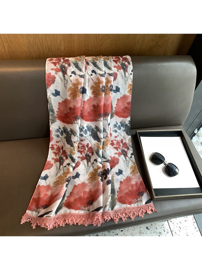 Scarvii - Floral Print Tassel Edge Long Scarf